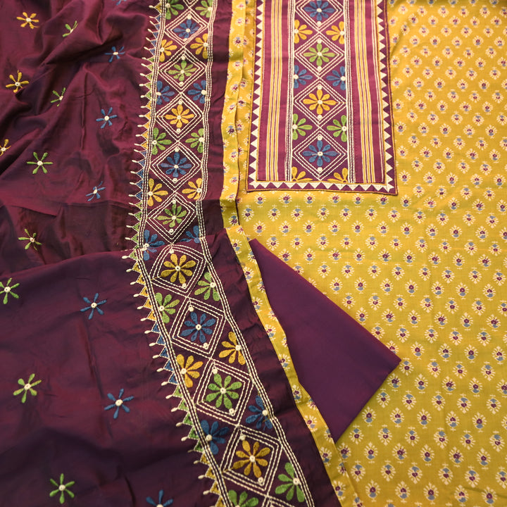Roshni Mustard Yellow Kutch Thread Embroidered Yoke on Ajrak Printed Cotton Suit Set