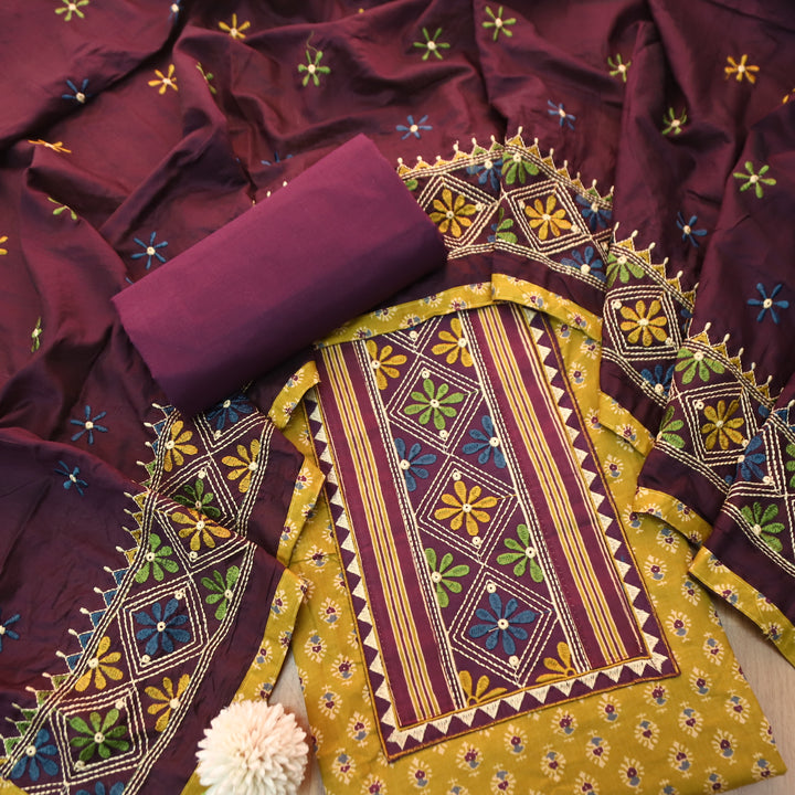 Roshni Mustard Yellow Kutch Thread Embroidered Yoke on Ajrak Printed Cotton Suit Set