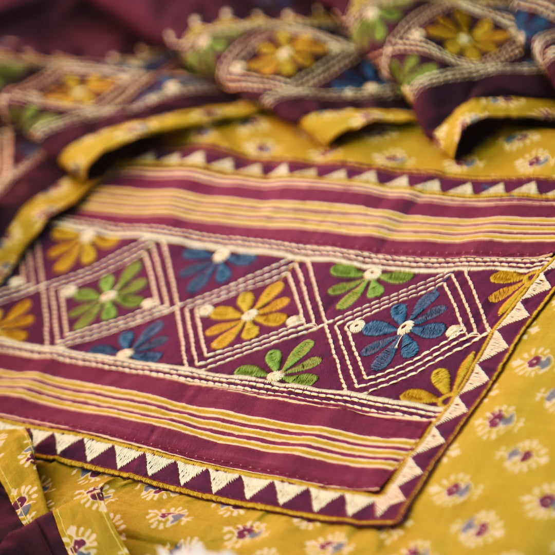 Roshni Mustard Yellow Kutch Thread Embroidered Yoke on Ajrak Printed Cotton Suit Set
