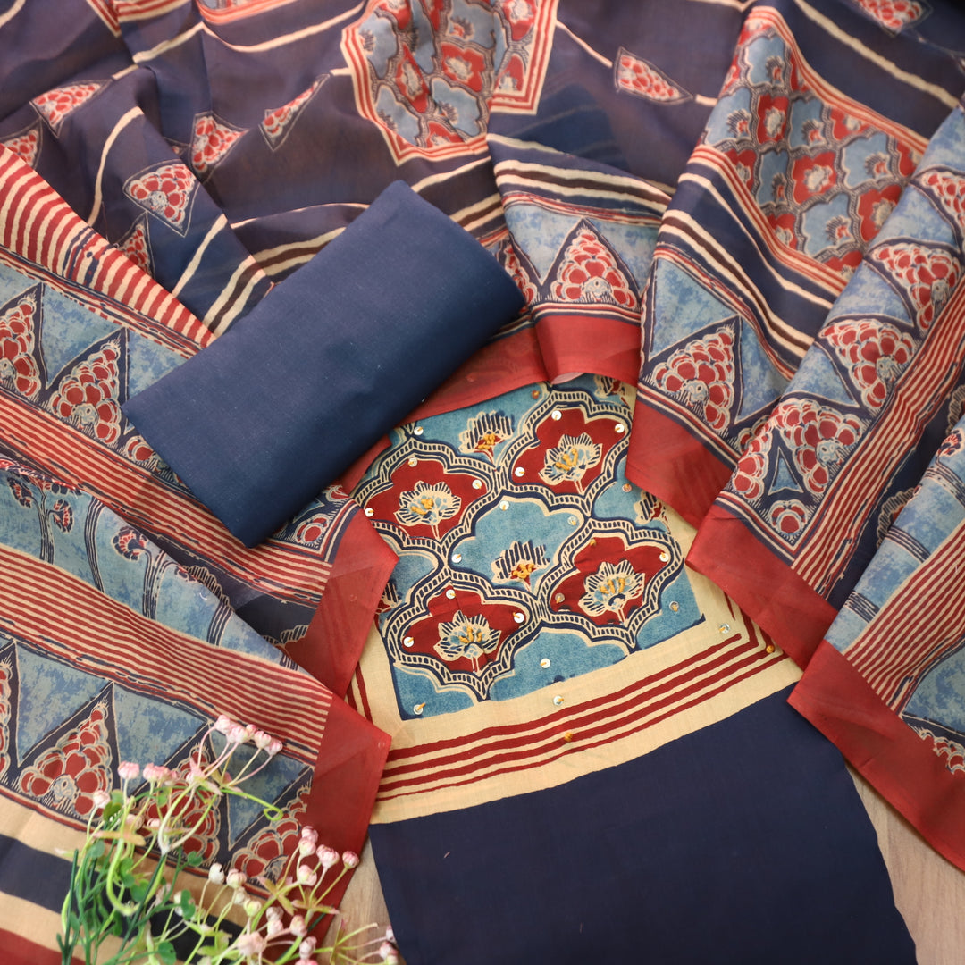 Kaswi Navy Blue Ajrak Yoke Print with Thread Detailing Cotton Suit Set