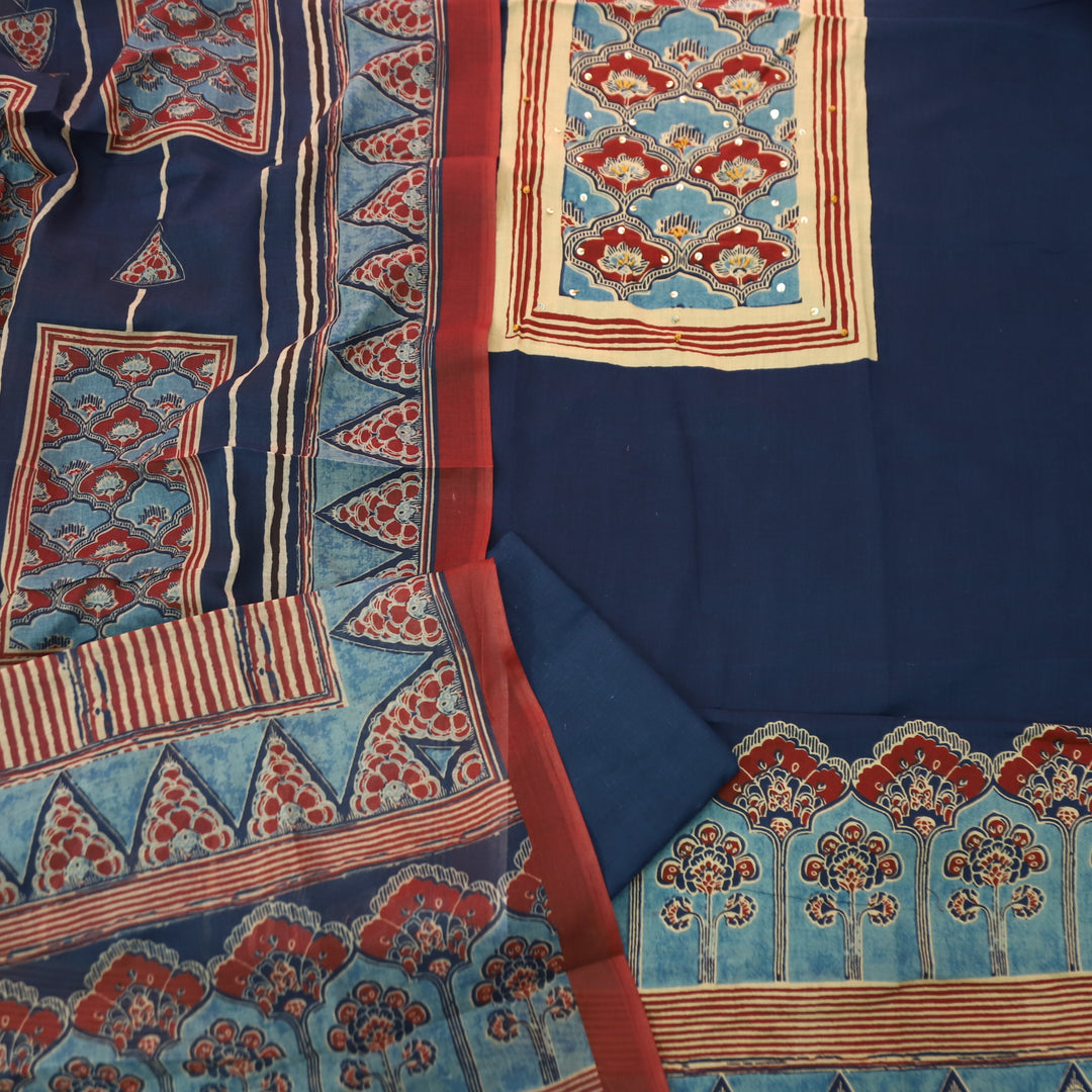 Kaswi Navy Blue Ajrak Yoke Print with Thread Detailing Cotton Suit Set
