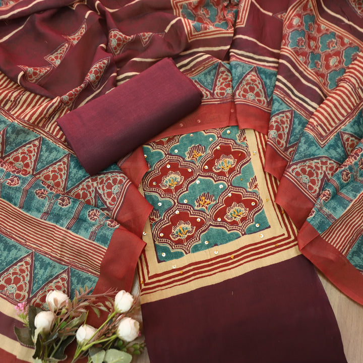Kaswi Wine Burgundy Ajrak Yoke Print with Thread Detailing Cotton Suit Set