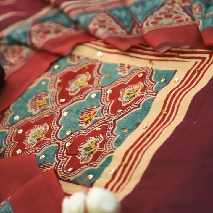 Kaswi Wine Burgundy Ajrak Yoke Print with Thread Detailing Cotton Suit Set