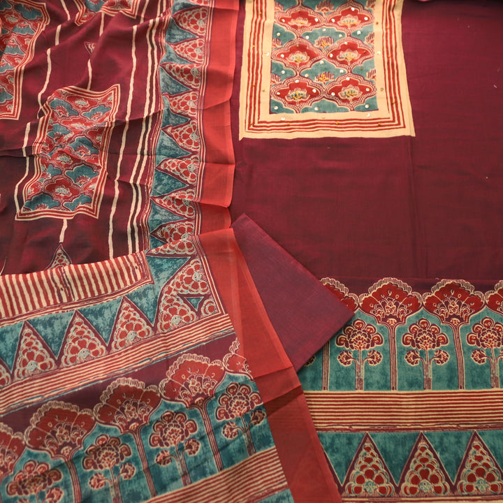 Kaswi Wine Burgundy Ajrak Yoke Print with Thread Detailing Cotton Suit Set