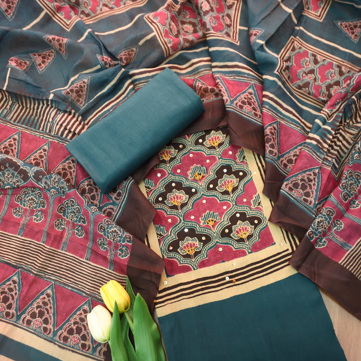 Kaswi Cerulean Teal Ajrak Yoke Print with Thread Detailing Cotton Suit Set