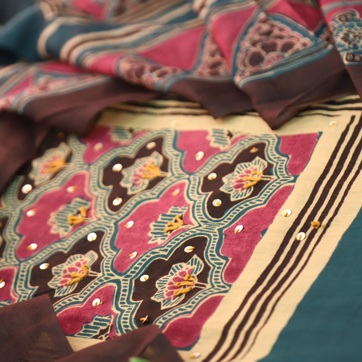 Kaswi Cerulean Teal Ajrak Yoke Print with Thread Detailing Cotton Suit Set