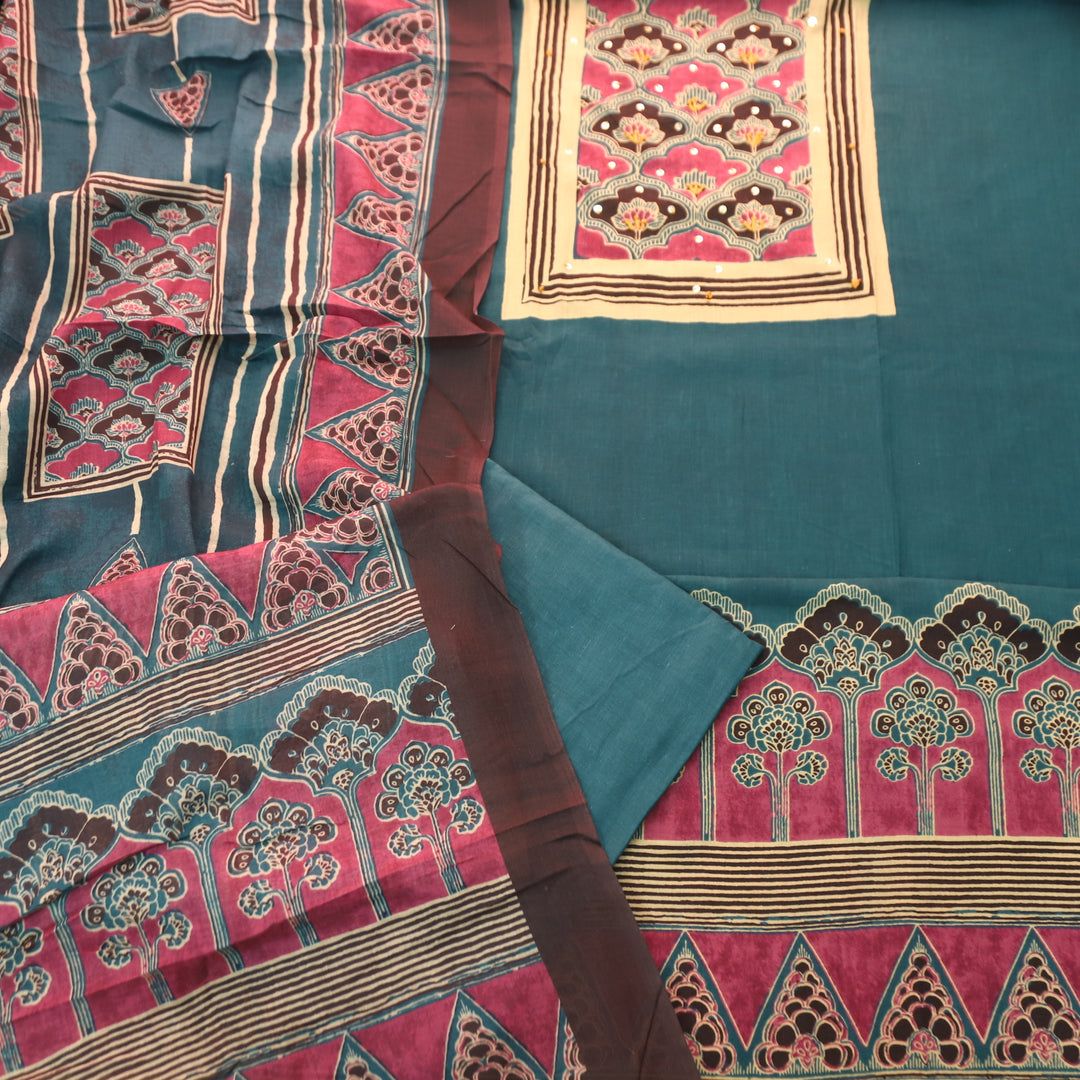 Kaswi Cerulean Teal Ajrak Yoke Print with Thread Detailing Cotton Suit Set