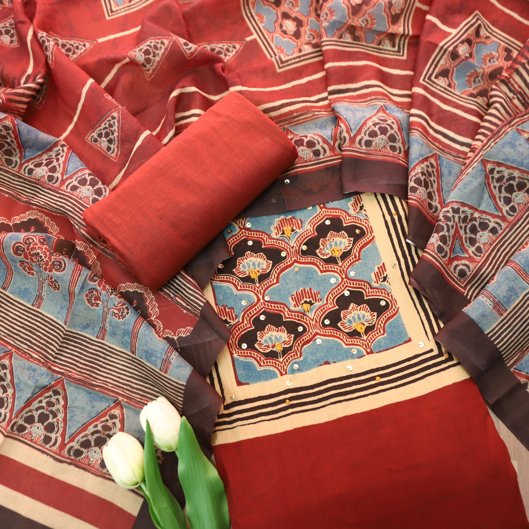 Kaswi Cherry Red Ajrak Yoke Print with Thread Detailing Cotton Suit Set