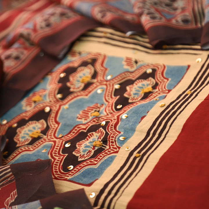 Kaswi Cherry Red Ajrak Yoke Print with Thread Detailing Cotton Suit Set