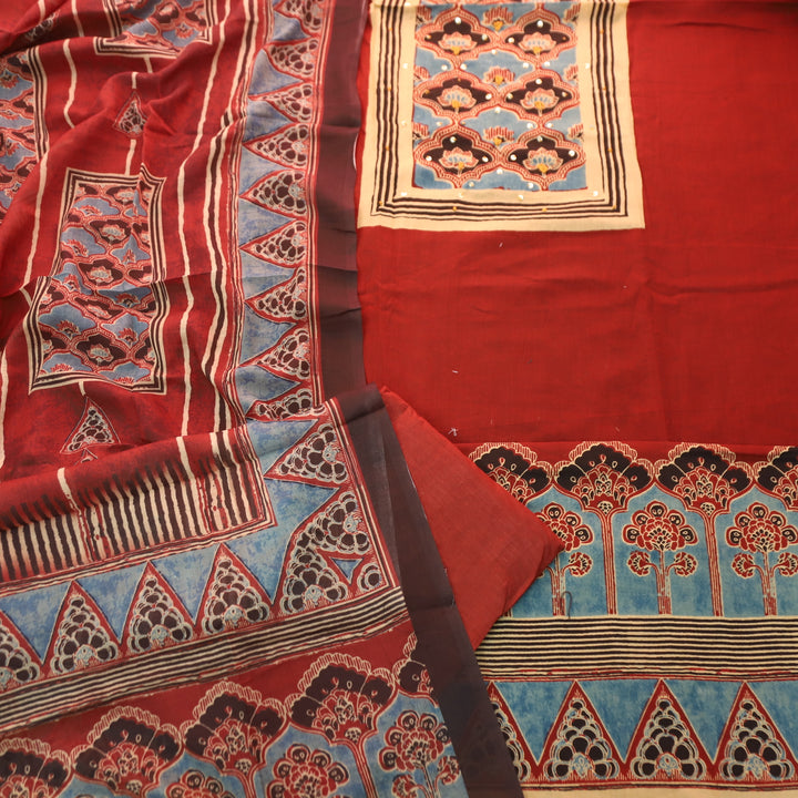 Kaswi Cherry Red Ajrak Yoke Print with Thread Detailing Cotton Suit Set