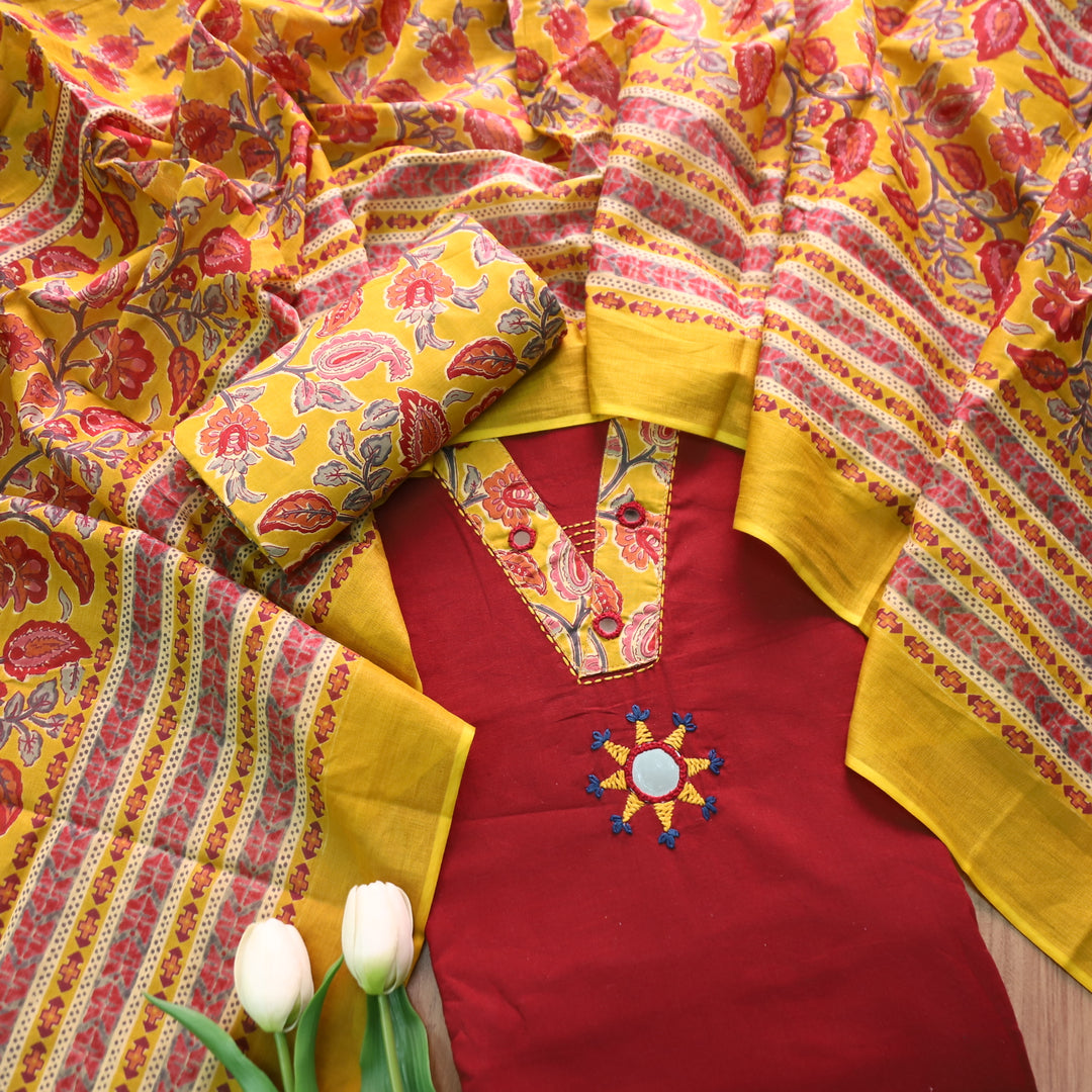 Saheli Maroon Red V Neck with Patcg and Front Mirror Detailing Cotton Suit Set