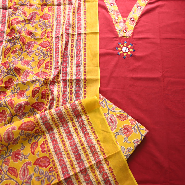 Saheli Maroon Red V Neck with Patcg and Front Mirror Detailing Cotton Suit Set