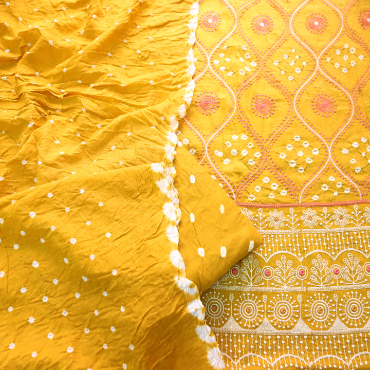 Bandegi Corn Yellow Authentic Bandhej with Thread Work Cotton Suit Set