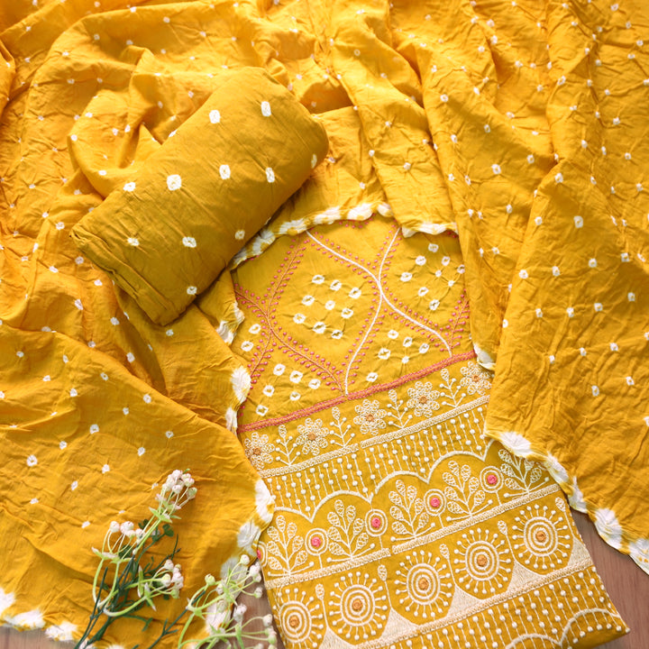 Bandegi Corn Yellow Authentic Bandhej with Thread Work Cotton Suit Set