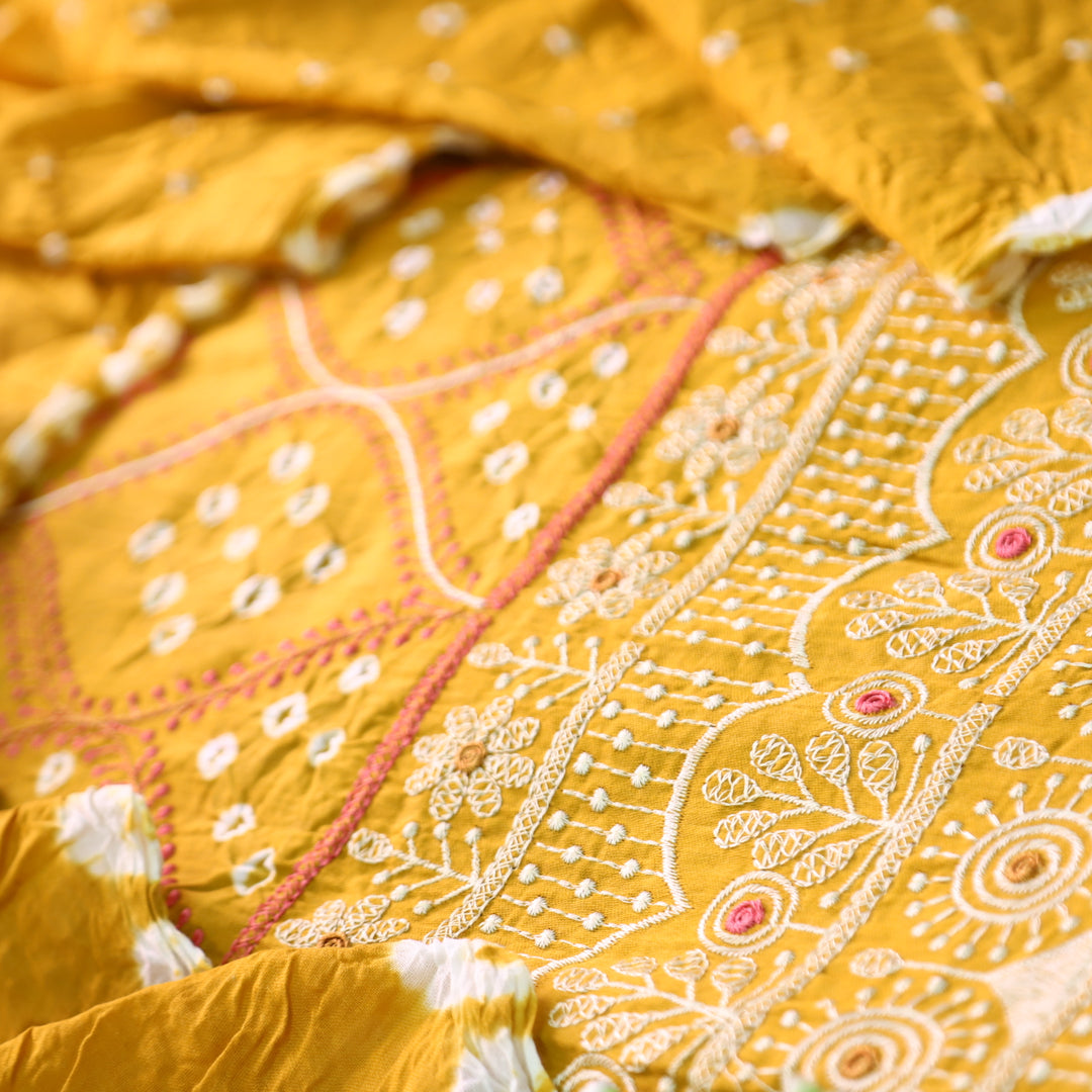 Bandegi Corn Yellow Authentic Bandhej with Thread Work Cotton Suit Set