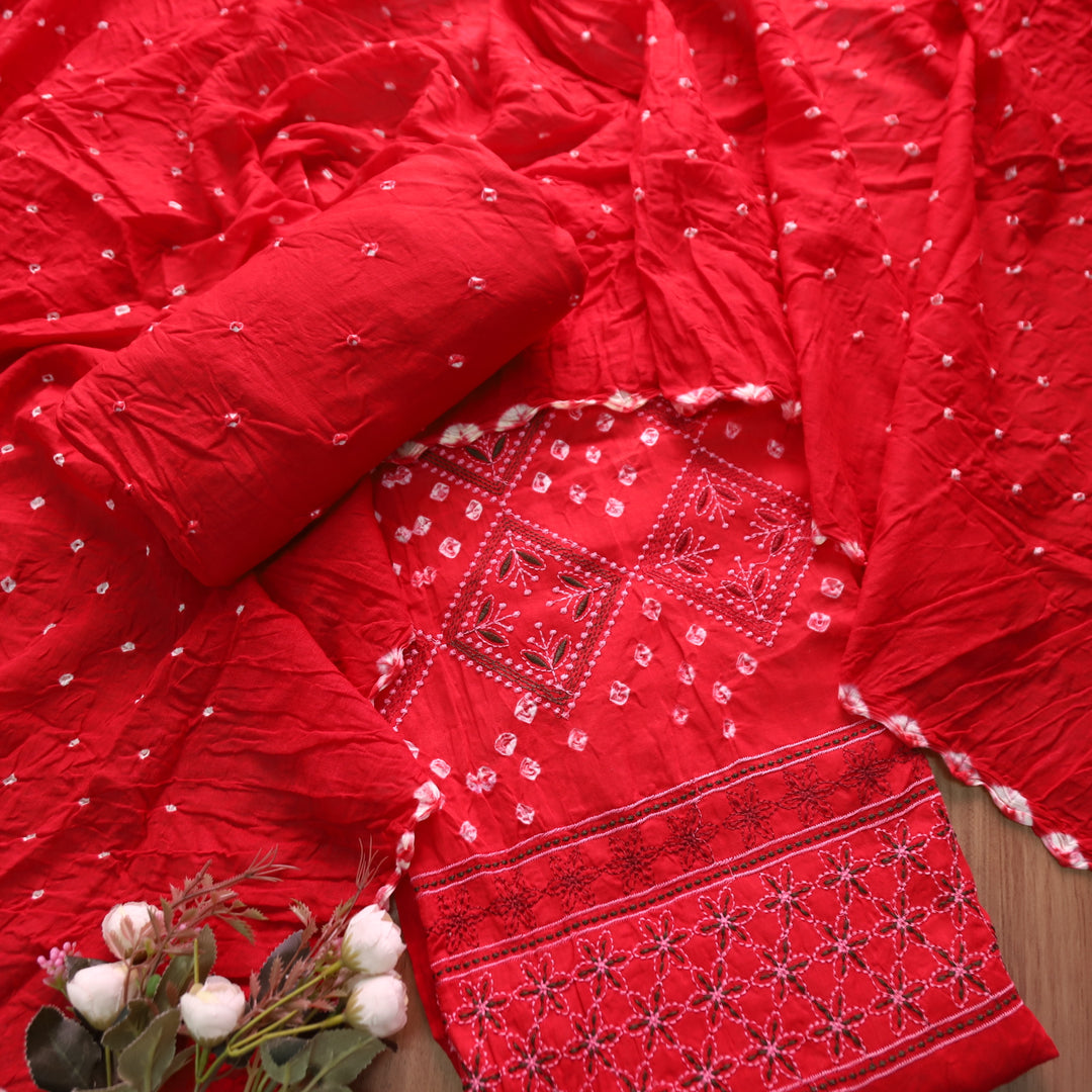 Bandegi Cranberry Red Authentic Bandhej with Thread Work Cotton Suit Set