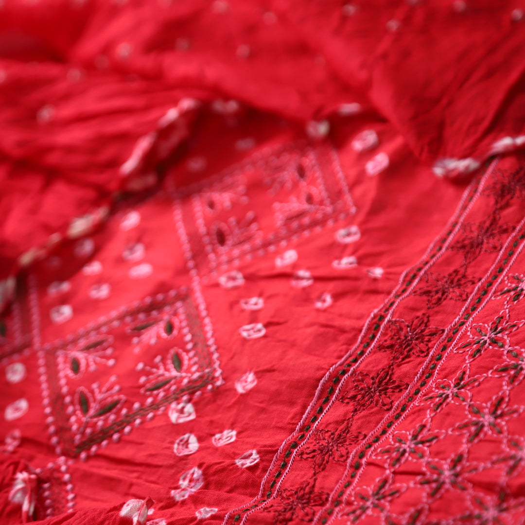 Bandegi Cranberry Red Authentic Bandhej with Thread Work Cotton Suit Set