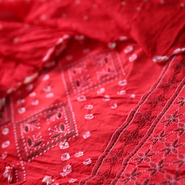 Bandegi Cranberry Red Authentic Bandhej with Thread Work Cotton Suit Set