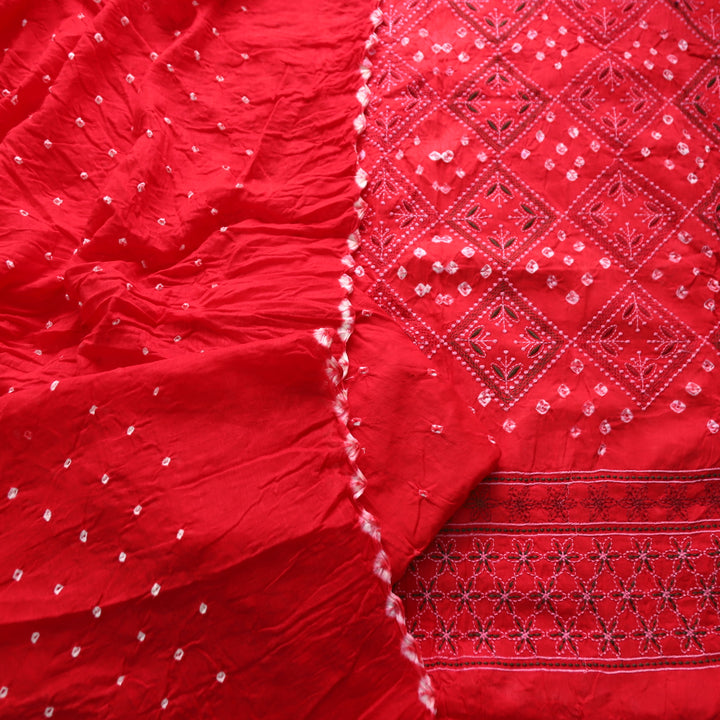 Bandegi Cranberry Red Authentic Bandhej with Thread Work Cotton Suit Set