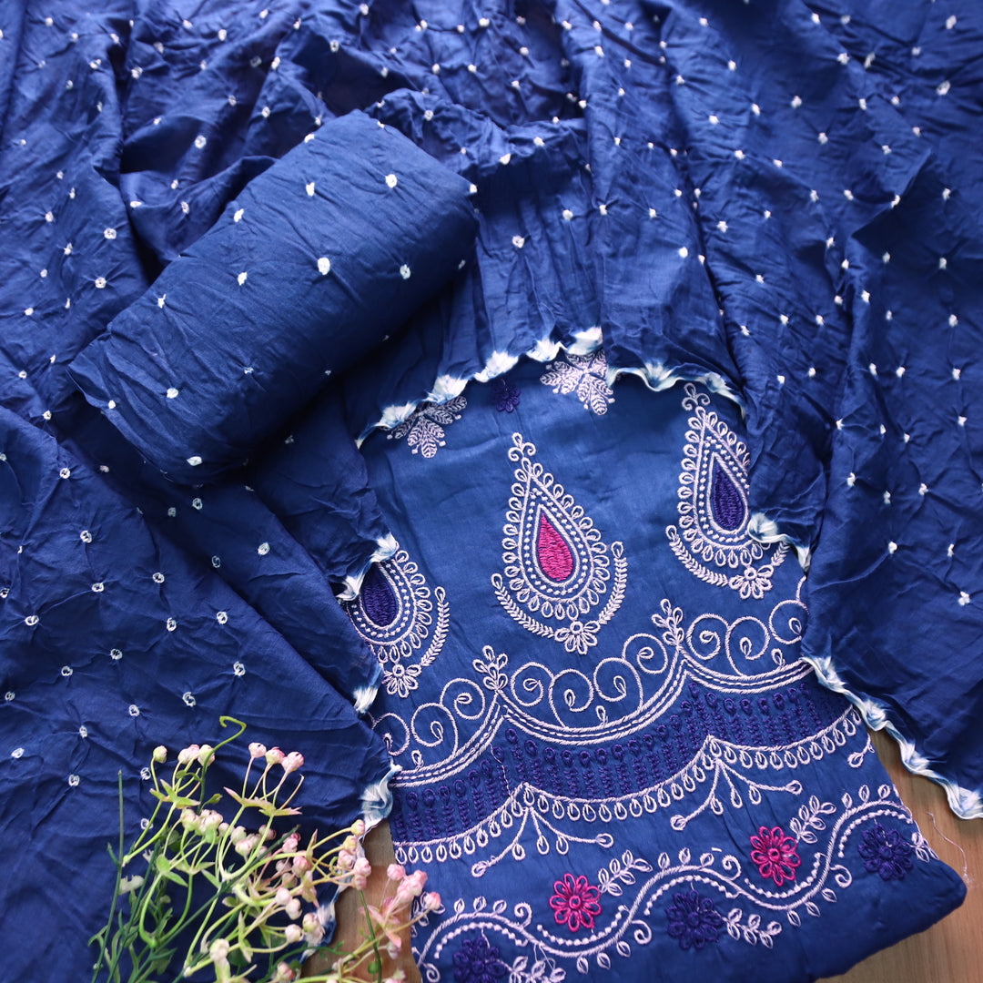 Bandegi Indigo Blue Authentic Bandhej with Thread Work Cotton Suit Set