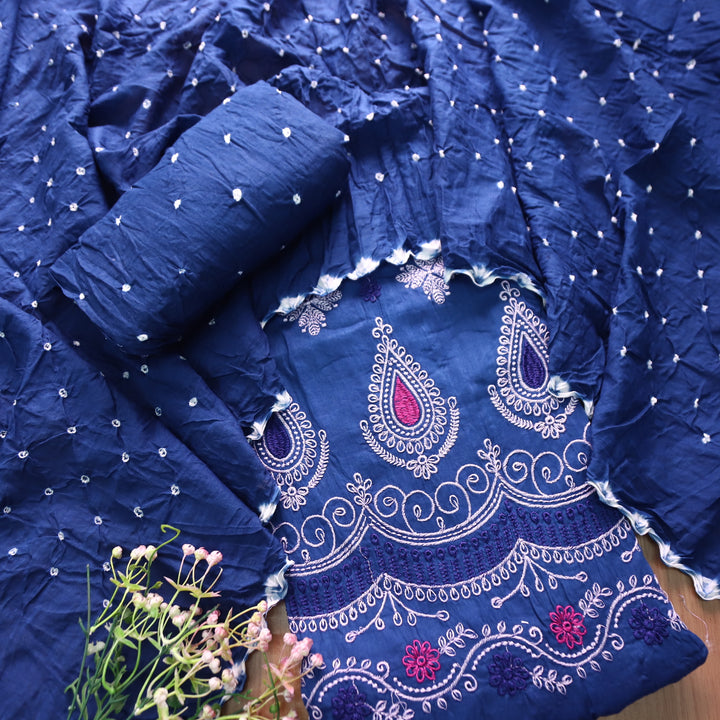 Bandegi Indigo Blue Authentic Bandhej with Thread Work Cotton Suit Set