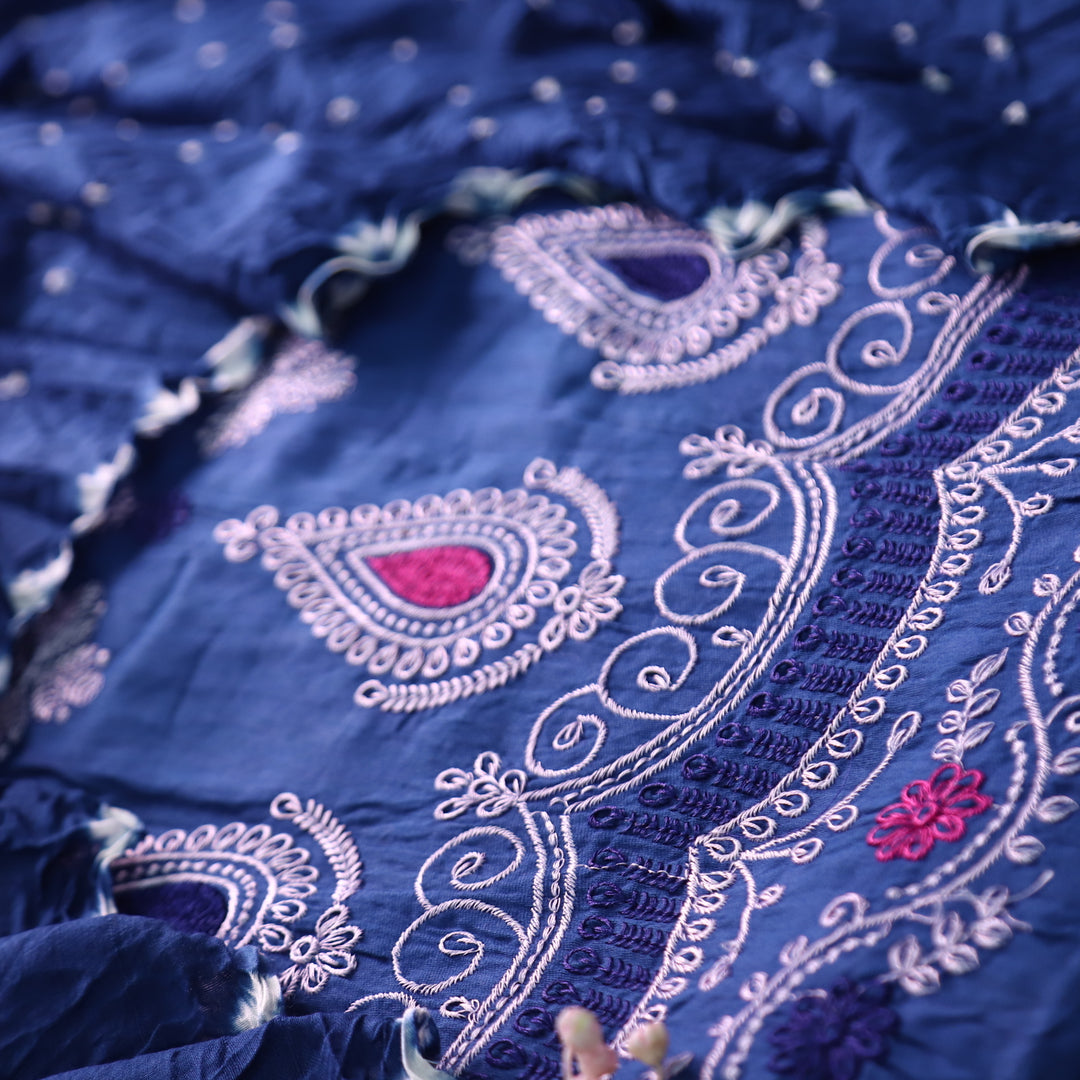 Bandegi Indigo Blue Authentic Bandhej with Thread Work Cotton Suit Set