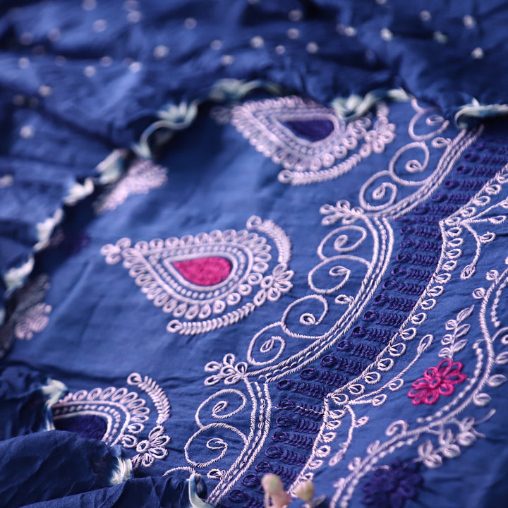 Bandegi Indigo Blue Authentic Bandhej with Thread Work Cotton Suit Set