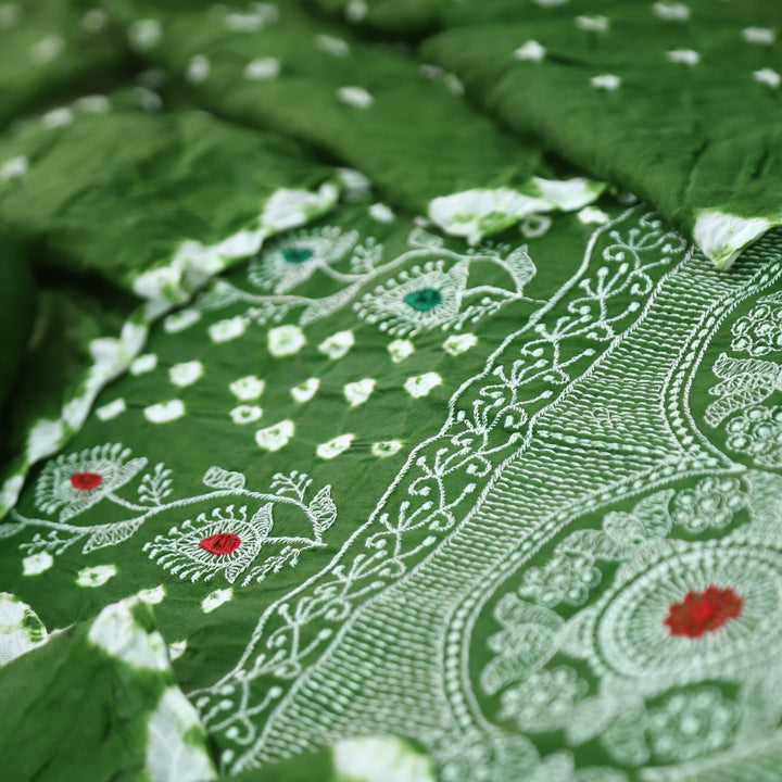 Bandegi Forest Green Authentic Bandhej with Thread Work Cotton Suit Set