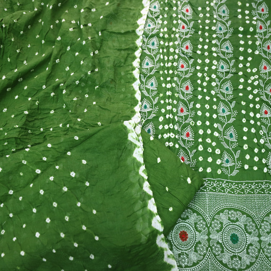 Bandegi Forest Green Authentic Bandhej with Thread Work Cotton Suit Set