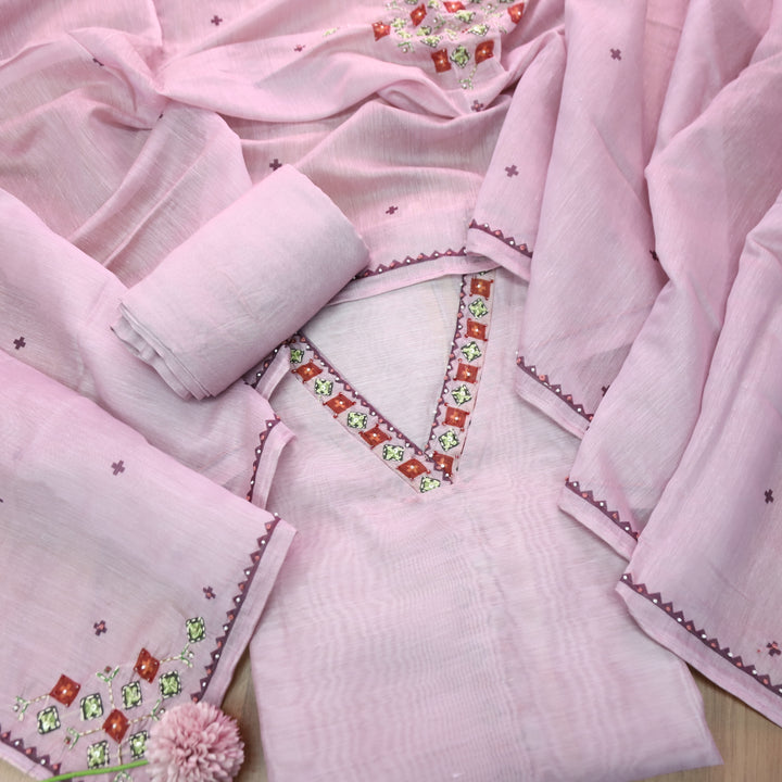Avisha Powder Lilac V Neck Kantha Embroidery Work Chanderi Suit Set
