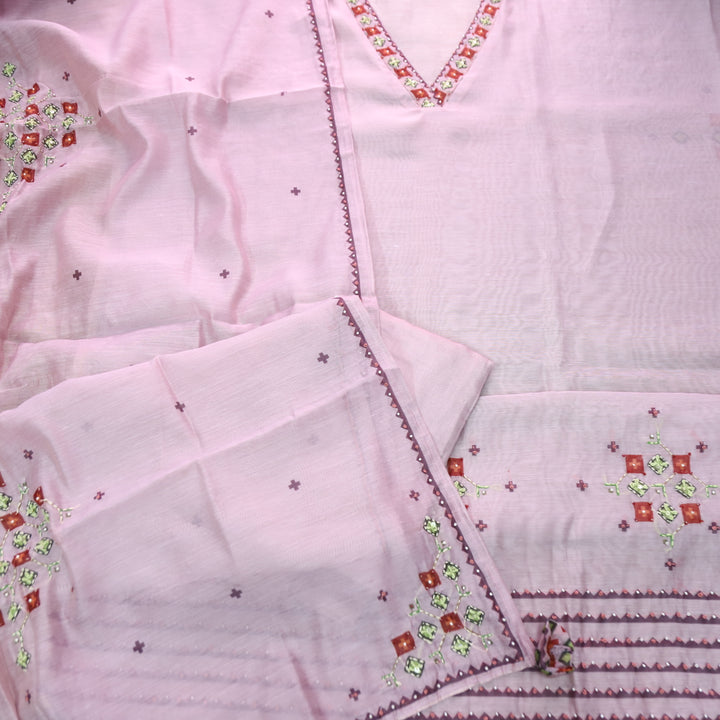 Avisha Powder Lilac V Neck Kantha Embroidery Work Chanderi Suit Set