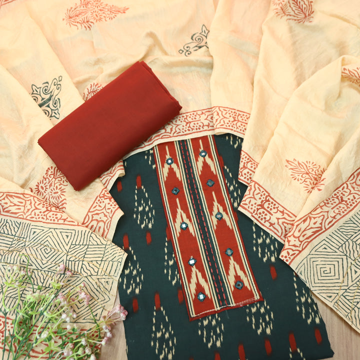 Suroor Faded Black Ikkat Print Patch with Mirror in Ikkat Print Cotton Suit Set