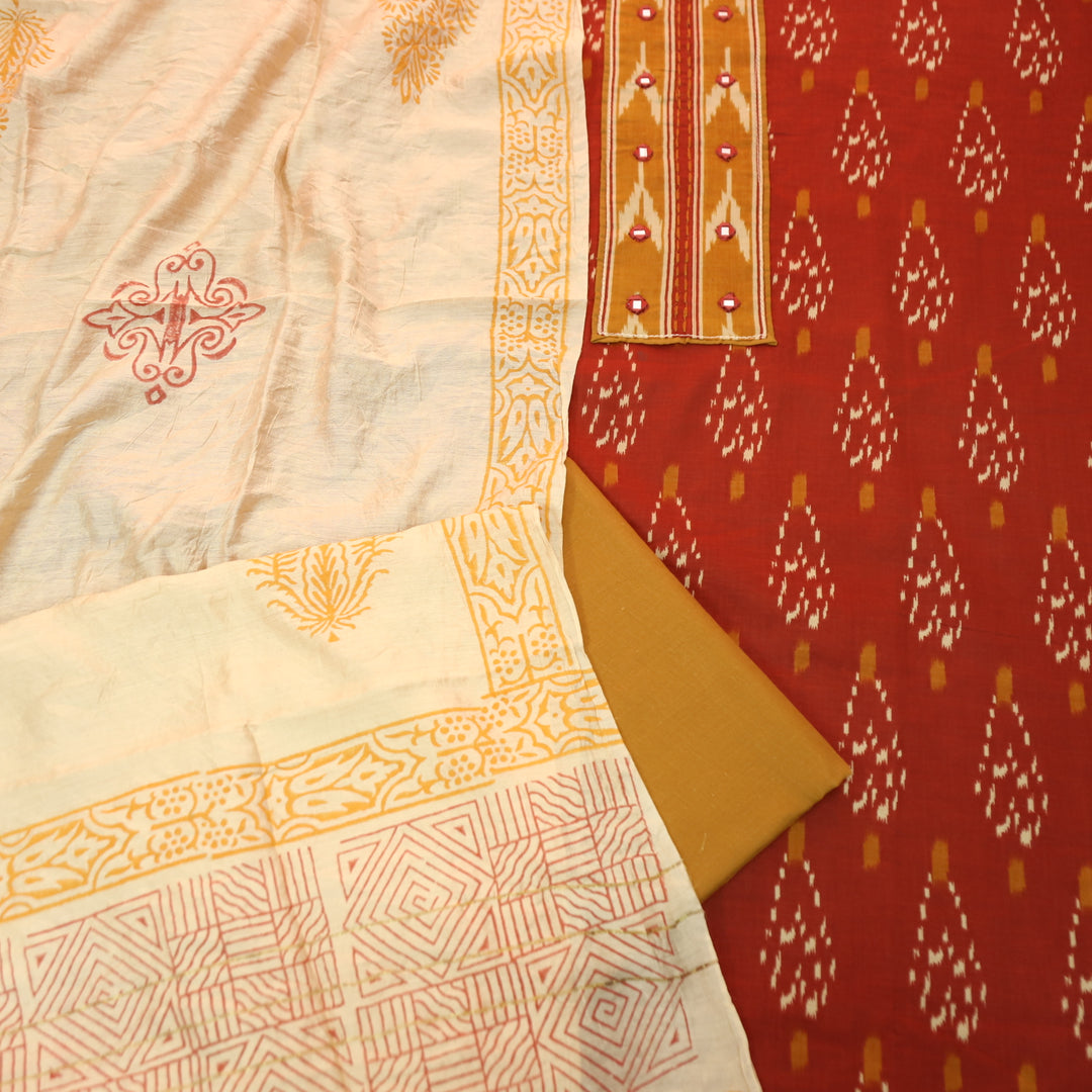 Suroor Rust Orange Ikkat Print Patch with Mirror in Ikkat Print Cotton Suit Set