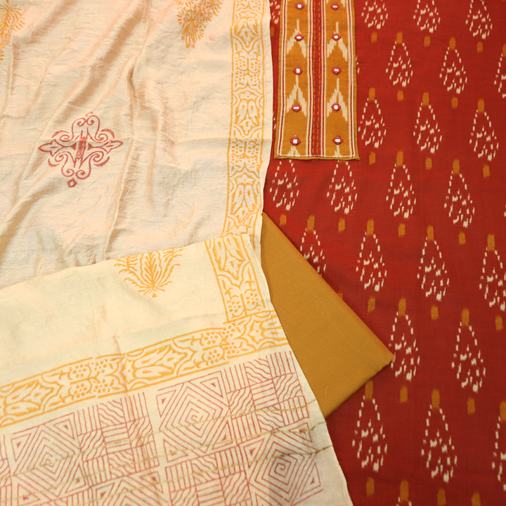 Suroor Rust Orange Ikkat Print Patch with Mirror in Ikkat Print Cotton Suit Set