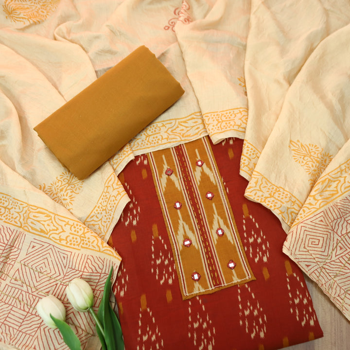 Suroor Rust Orange Ikkat Print Patch with Mirror in Ikkat Print Cotton Suit Set