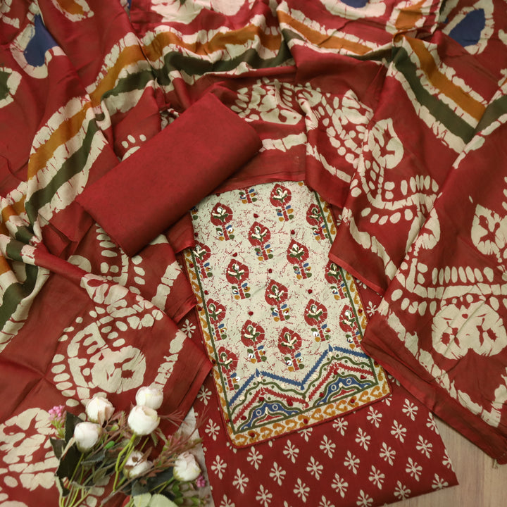 Noorani Tomato Red French Knot Work Yoke Neck in Printed Cotton Suit Set