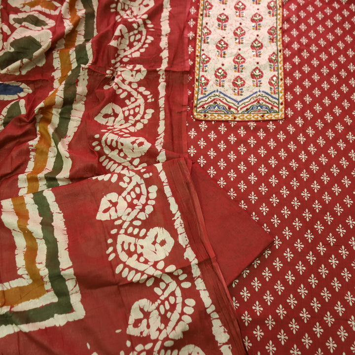 Noorani Tomato Red French Knot Work Yoke Neck in Printed Cotton Suit Set
