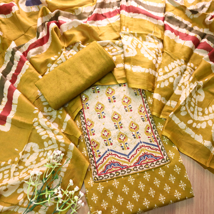 Noorani Turmeric Yellow French Knot Work Yoke Neck in Printed Cotton Suit Set