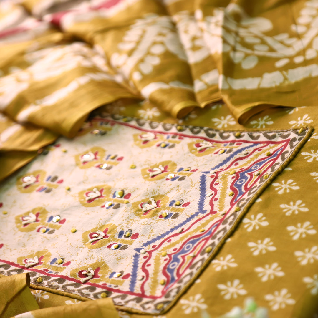 Noorani Turmeric Yellow French Knot Work Yoke Neck in Printed Cotton Suit Set