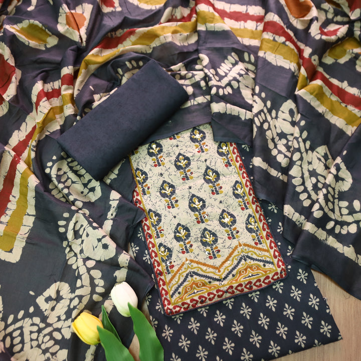 Noorani Dark Blue French Knot Work Yoke Neck in Printed Cotton Suit Set