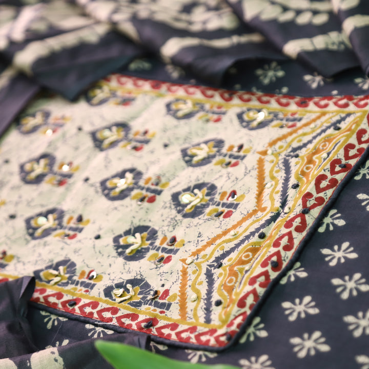 Noorani Dark Blue French Knot Work Yoke Neck in Printed Cotton Suit Set