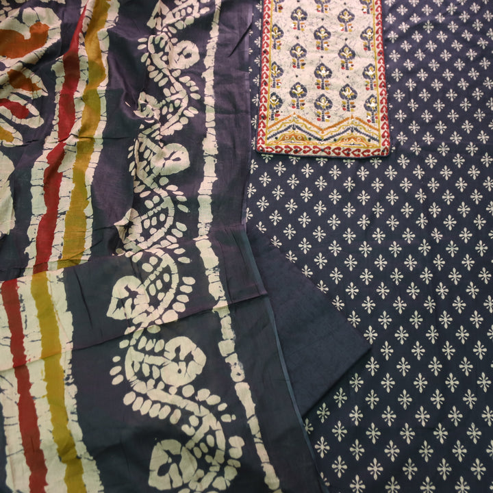 Noorani Dark Blue French Knot Work Yoke Neck in Printed Cotton Suit Set