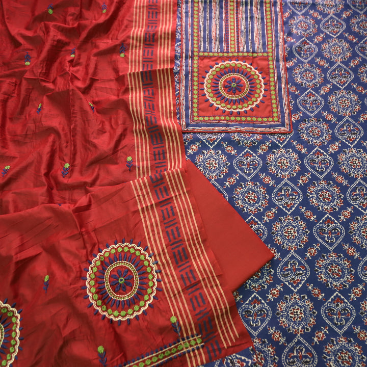 Dashtaan Denim Blue Kutch Patch with Thread Work Ajrak Printed Cotton Suit Set