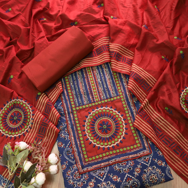 Dashtaan Denim Blue Kutch Patch with Thread Work Ajrak Printed Cotton Suit Set