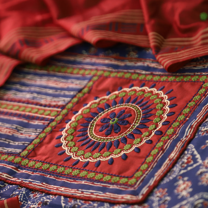 Dashtaan Denim Blue Kutch Patch with Thread Work Ajrak Printed Cotton Suit Set