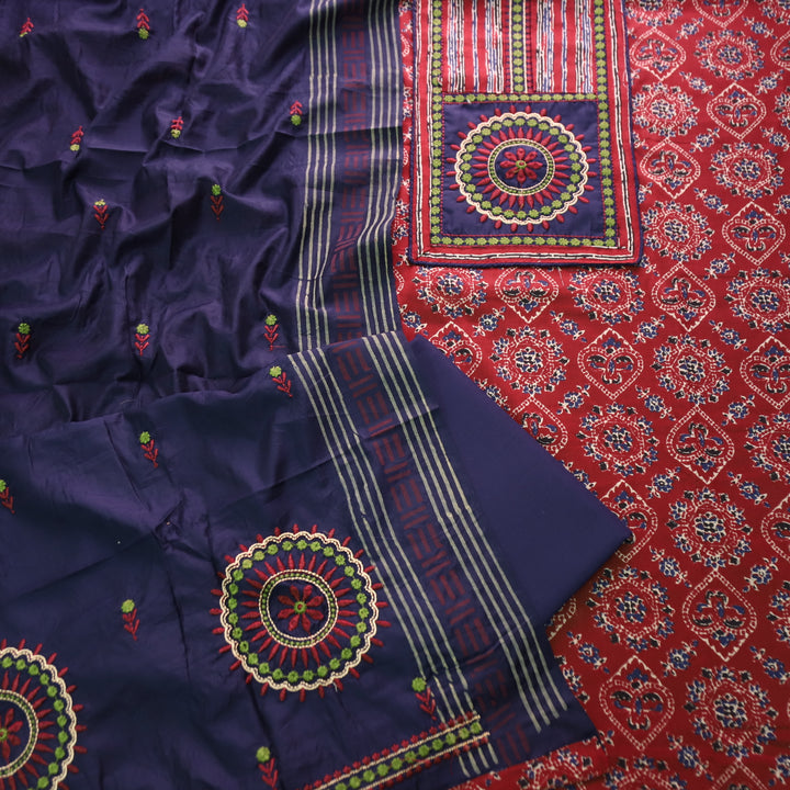Dashtaan Cranberry Red Kutch Patch with Thread Work Ajrak Printed Cotton Suit Set