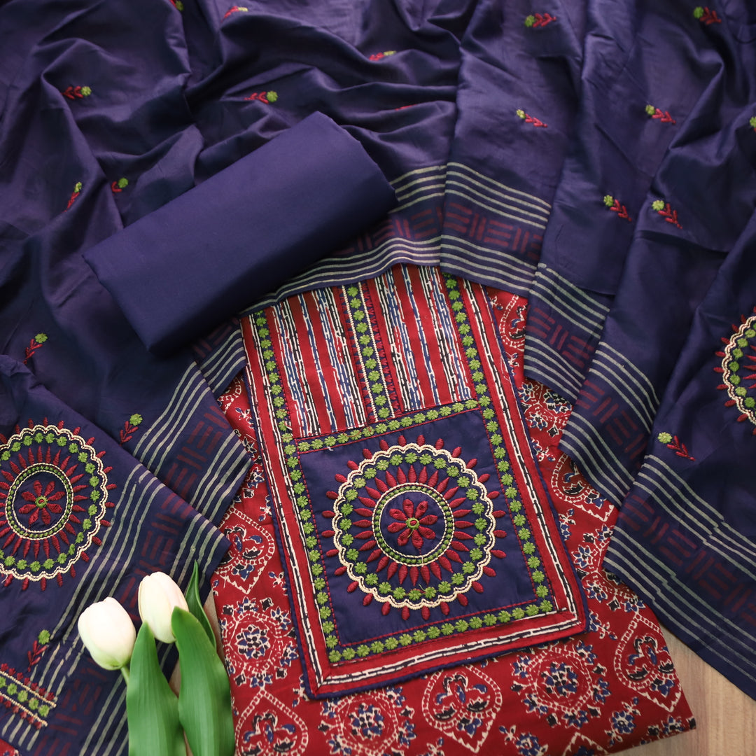 Dashtaan Cranberry Red Kutch Patch with Thread Work Ajrak Printed Cotton Suit Set