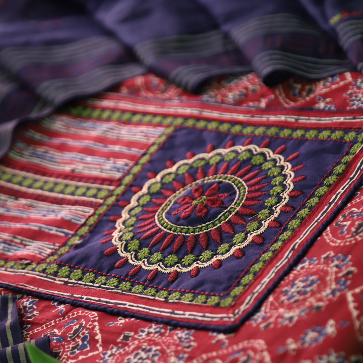 Dashtaan Cranberry Red Kutch Patch with Thread Work Ajrak Printed Cotton Suit Set