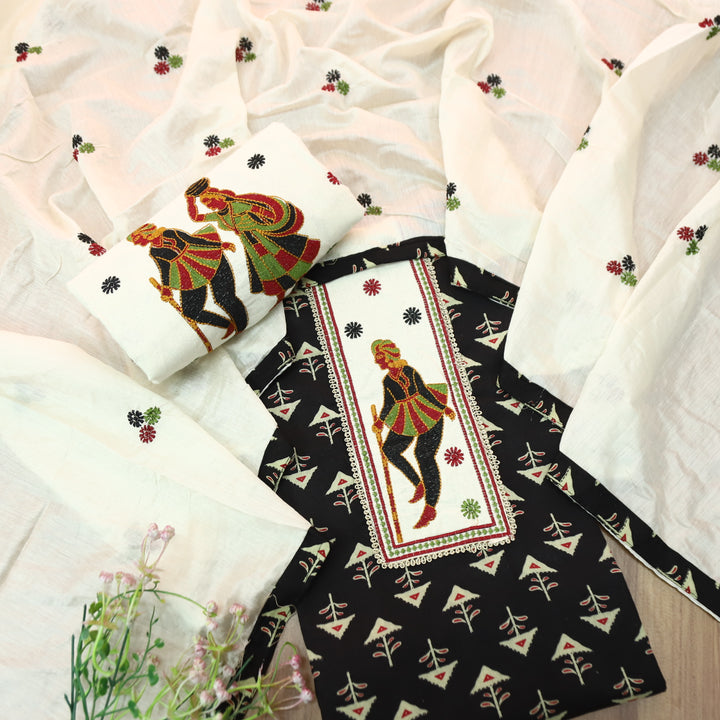 Mayuro Charcoal Black Embriodered Patch Yoke on Neck in Digital Printed Cotton Set