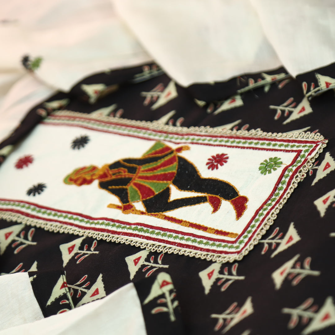 Mayuro Charcoal Black Embriodered Patch Yoke on Neck in Digital Printed Cotton Set